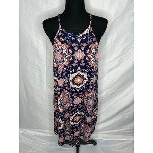 French Grey Navy Blue Coral Mandala Mini Dress Boho Summer Beach Vacation Size L